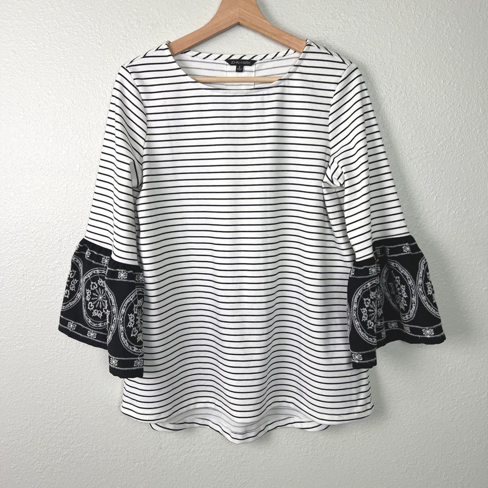 John Mark Womens Striped Bell Sleeve Embroidered Top Black White Sz Small Boho